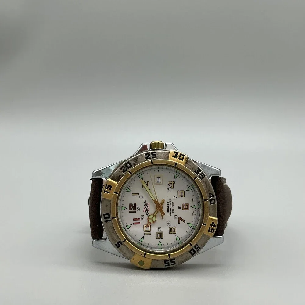 Freestyle Mens Watch 40mm White Dial Brown Leather Rotating Bezel New Battery